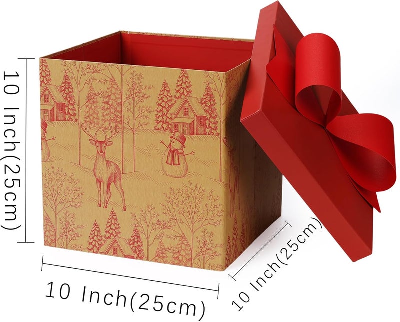 LaRibbons Large Christmas Gift Boxes with Lids, 10x10x10 Inches Rustic Red Winter Toile Theme with Deer Design Folding Square Gift Boxes for Christmas Decorative Xmas Present - Image 5